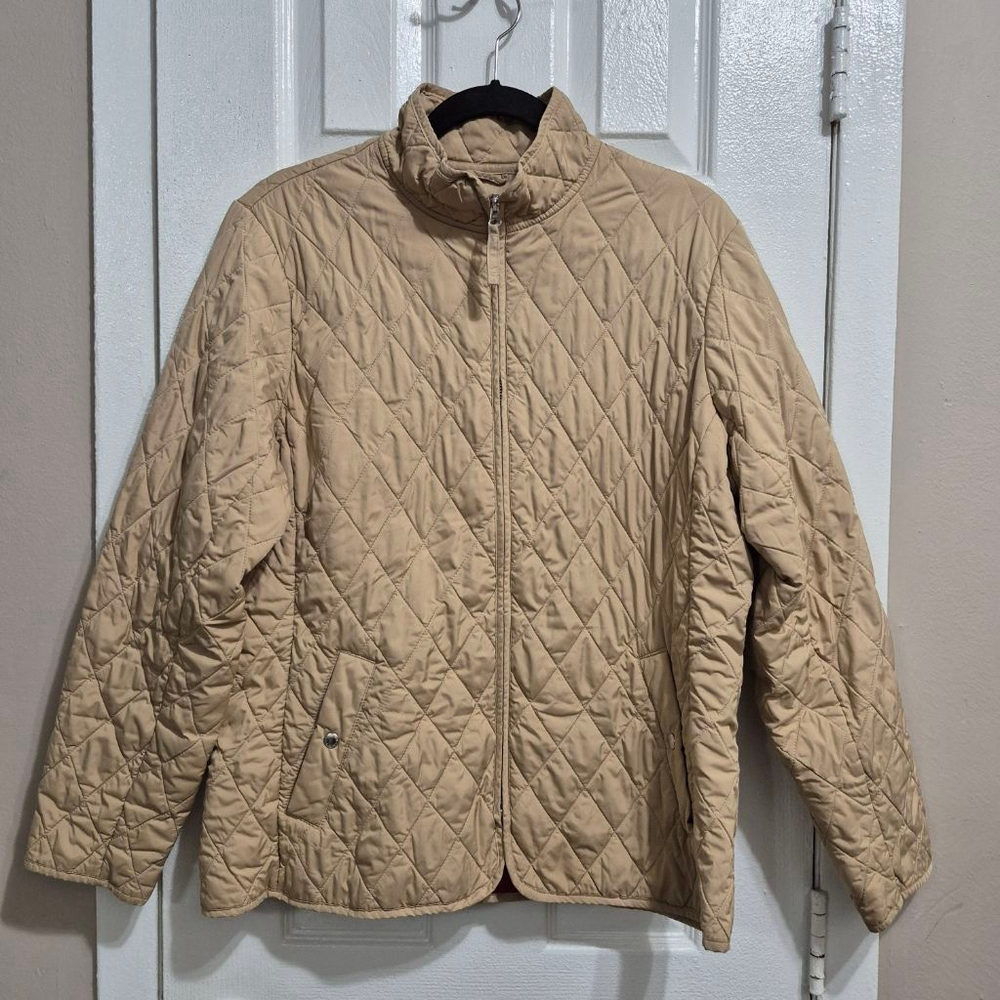 Women's Lands' End Quilted Jacket Petite Lg Beige with Red Lining